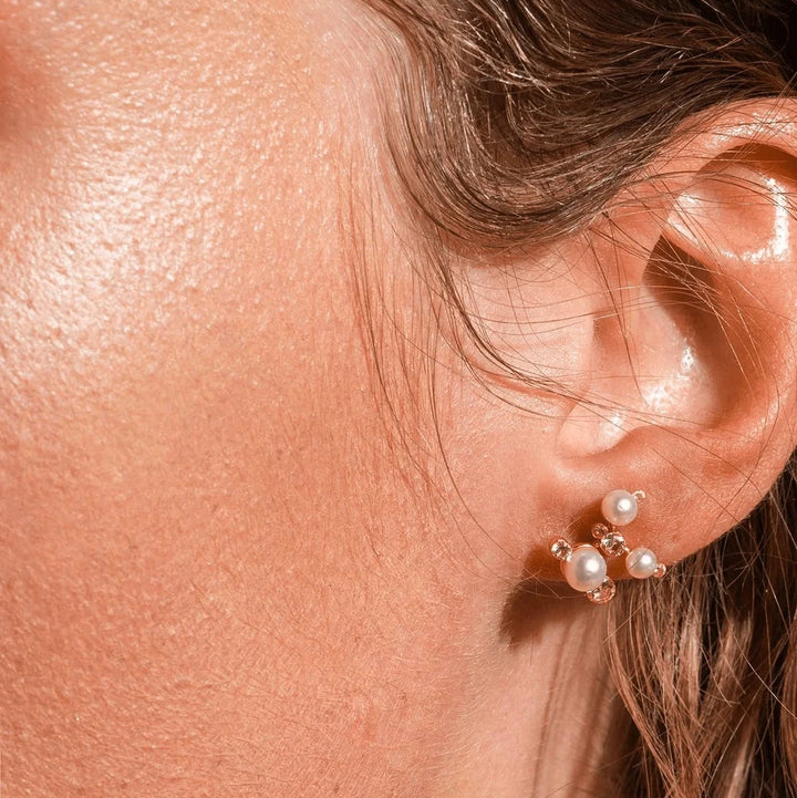 Vincent Venus Trinity Earrings Gold plated w. Freshwater pearls shown on ear, elegant pearls and stones, Model VJ211-UEG-1