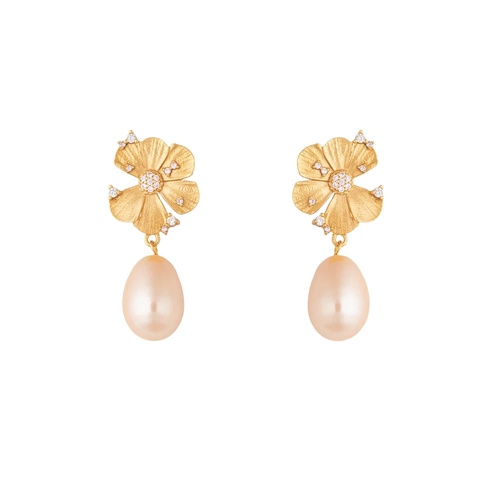 Vincent Venus Wildflower Earrings Pink Pearl Gold Plated shows gold plated earrings with flower and pink pearls. Model vj247-week-1.