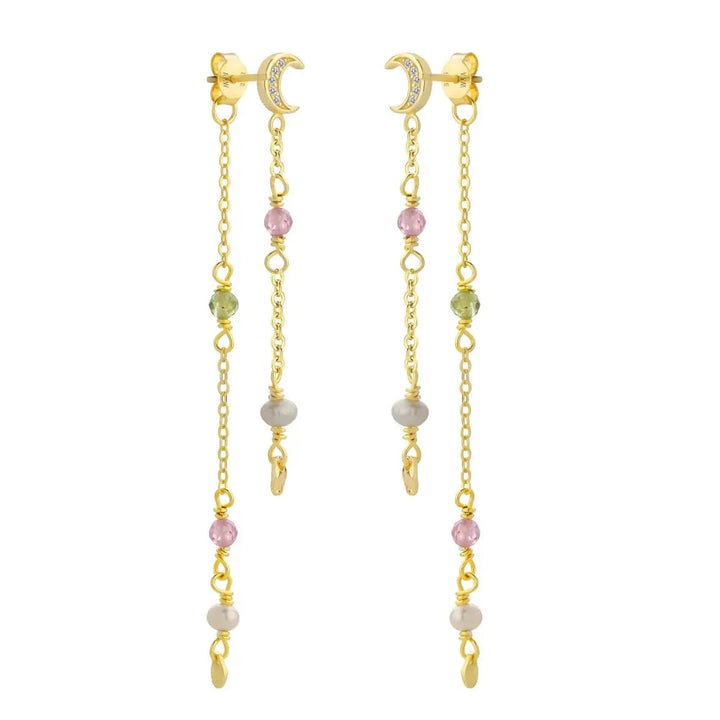 wioga-caroline-mathilde-mane-orringe-m-precious stones in gold-plated silver with pastel colored stones and long chains. Model E-8920-GP-1