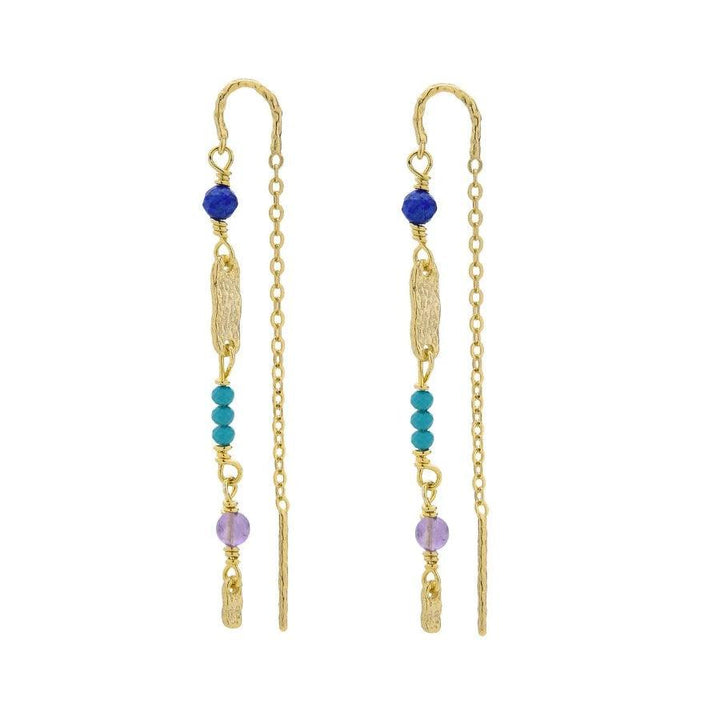 Wioga Johanna earrings in gold-plated silver with blue and purple stones, elegant chain design. Model E-8703-GP