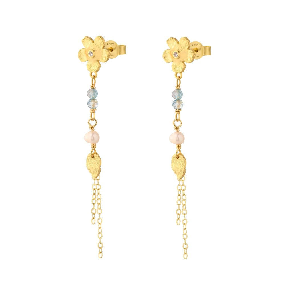Wioga Kamila earrings in gold-plated silver with flowers, blue stones, pearl and pendant. Model E-9008-GP-1