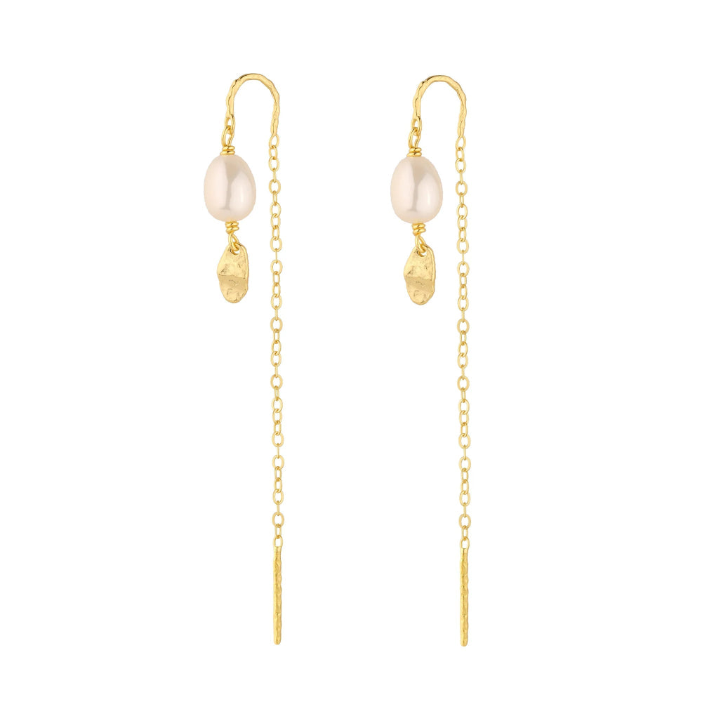 WiOGA Lovis Earrings in gold-plated silver with freshwater pearl and long chain. Model E-9016-GP.
