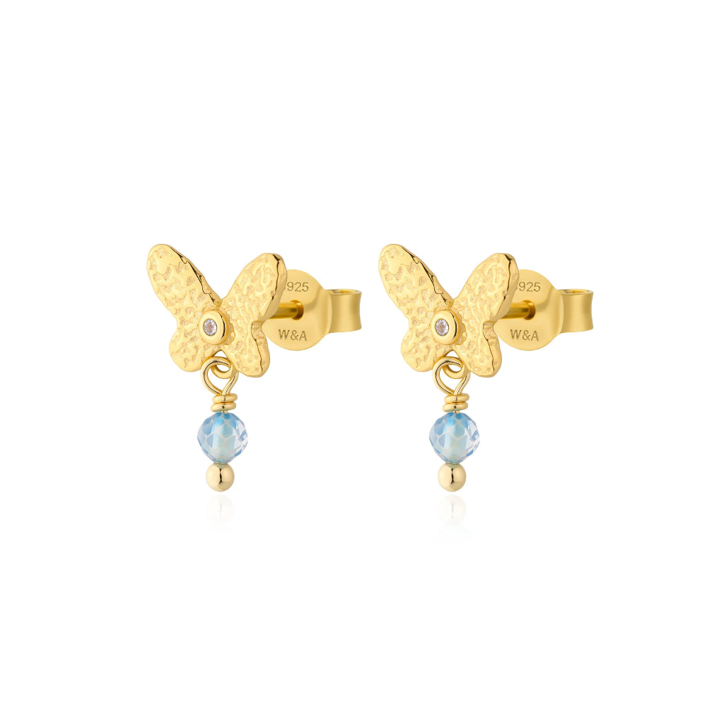 wioga-norma-ear studs-in-gold-plated-solv-e-9001-gp, butterfly ear studs in gold-colored silver with blue pearl and discreet stone. Model E-9001-GP