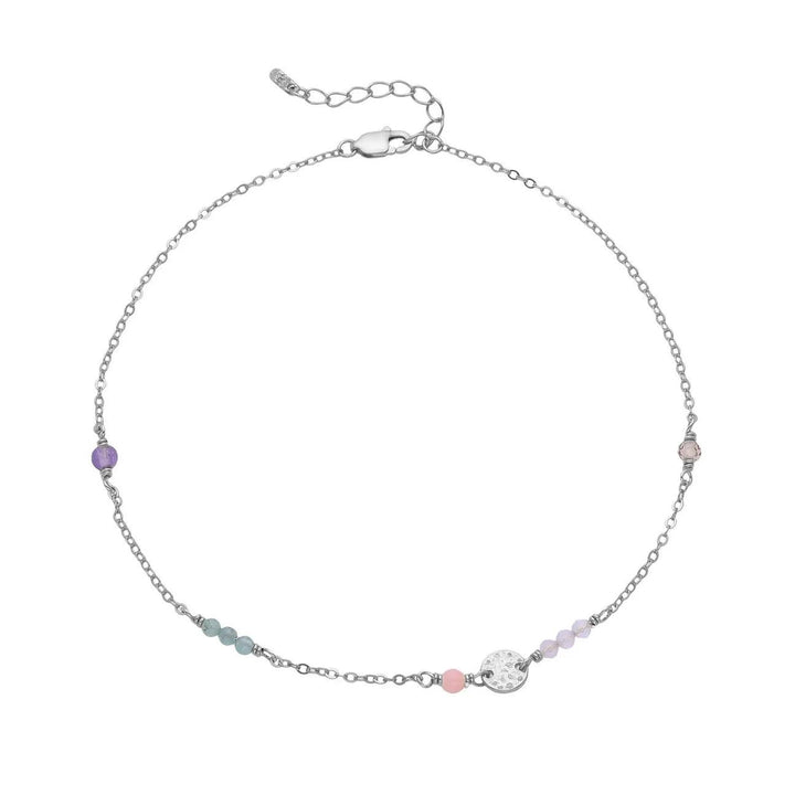 WiOGA Sabrina ankle chain silver with gemstones in pastel colors on a white background. Model A-8636-S-1