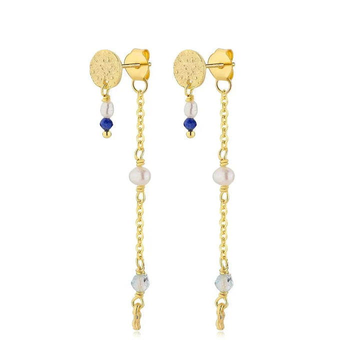 WiOGA Vivian earrings with freshwater pearls in gold with blue and white pearls. Model E-8908-GP-1
