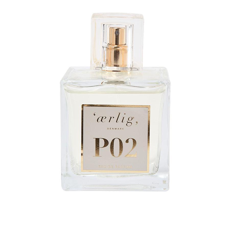 ærlig eau de parfum P02 100ml flacon with golden label and clear liquid, Model p2-1