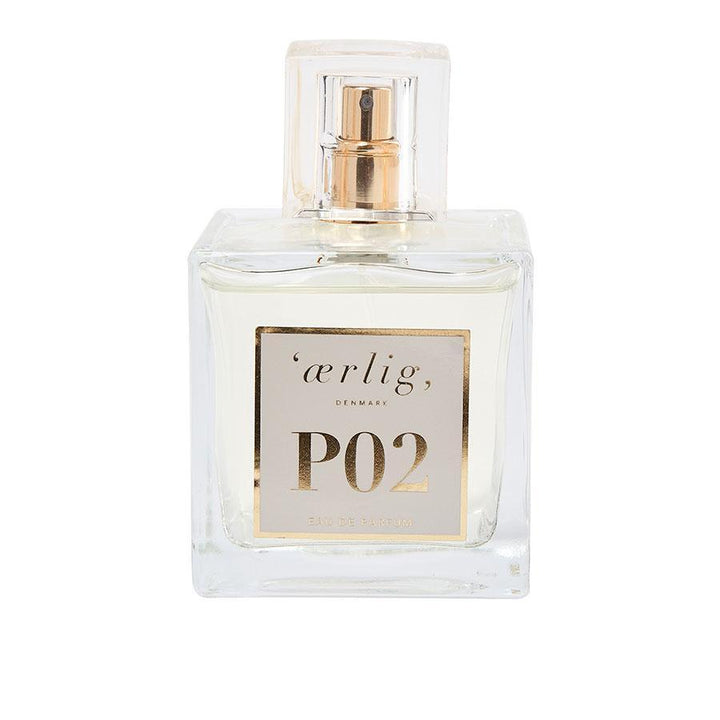 ærlig eau de parfum P02 100ml flacon with golden label and clear liquid, Model p2-1