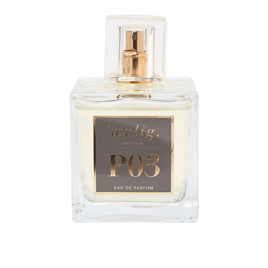 ærlig, P03 eau de parfum in clear, square bottle with golden label and spray top. Model p03-100ml-p3-1.