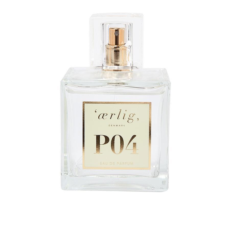 honest eau de parfum P04 100ml shows an elegant, square glass bottle with a golden label. Model P04-100ml-p04-1