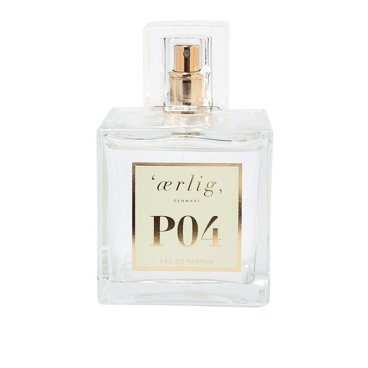 honest eau de parfum P04 100ml shows an elegant, square glass bottle with a golden label. Model P04-100ml-p04-1