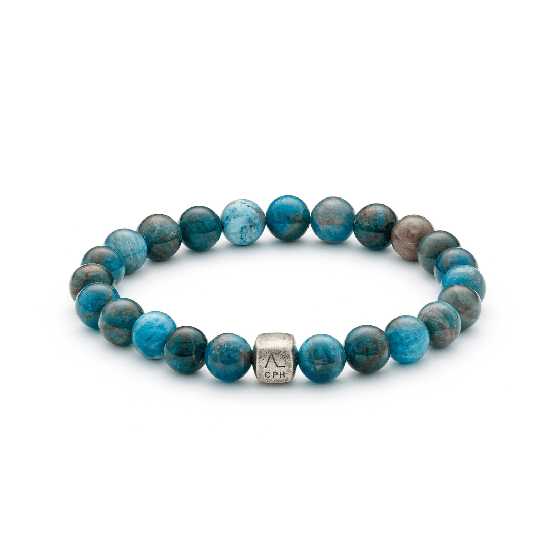 ALEXANDER LYNGGAARD ​​Bracelet Apatite 8mm with blue polished stone beads and silver colored detail, Model c00943-001.