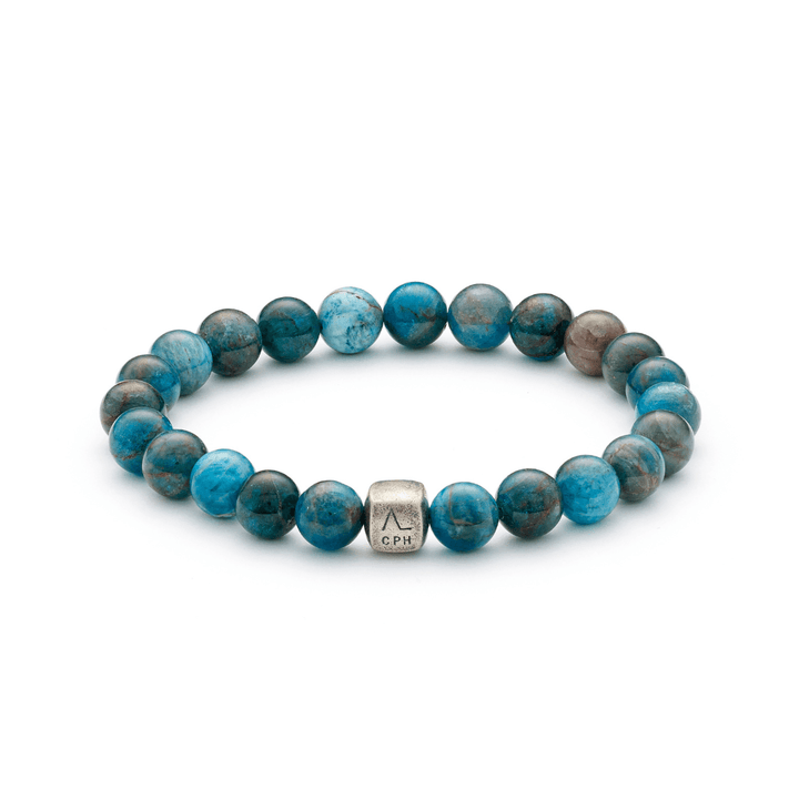 ALEXANDER LYNGGAARD ​​Bracelet Apatite 8mm with blue polished stone beads and silver colored detail, Model c00943-001.