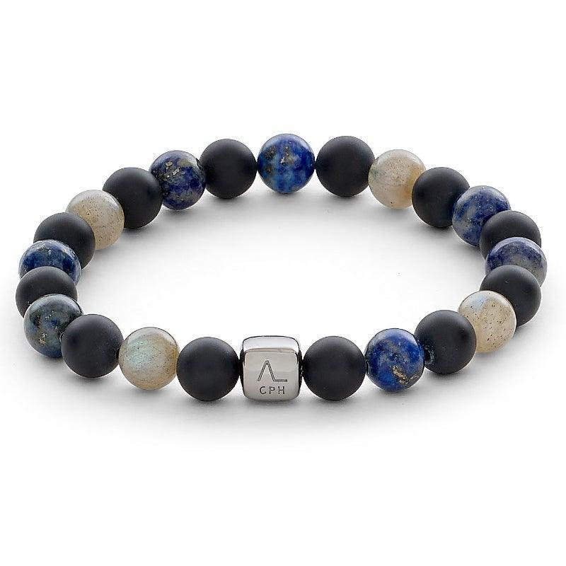 Alexander Lynggaard Armband New York City 8mm with matte black, blue and beige stone beads and silver logo detail. Model C10043-001-1.