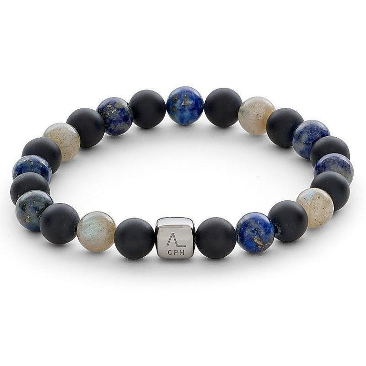 Alexander Lynggaard Armband New York City 8mm with matte black, blue and beige stone beads and silver logo detail. Model C10043-001-1.