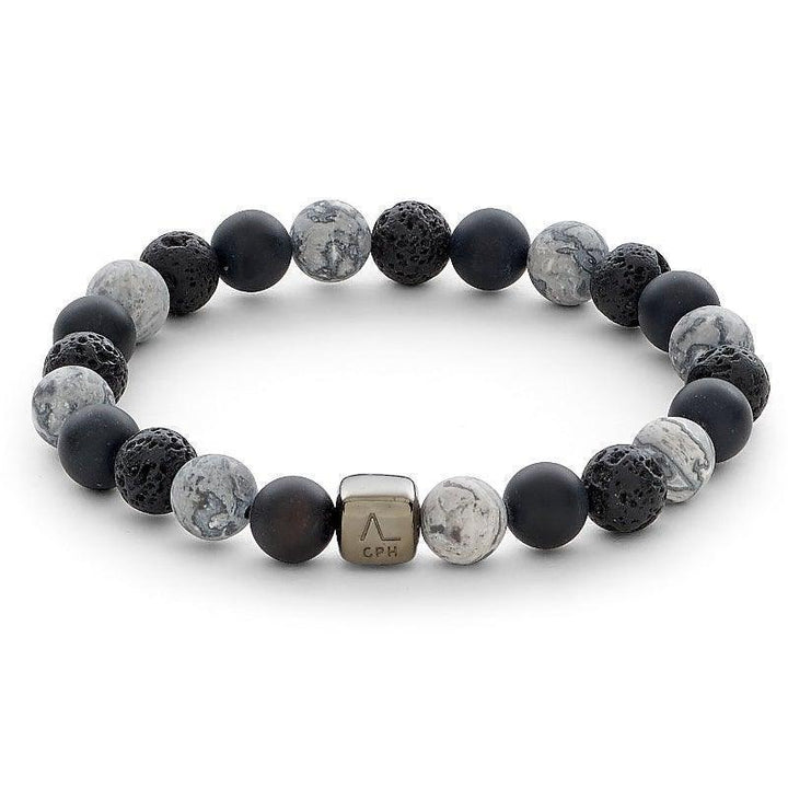 Alexander Lynggaard Bracelet Nuuk 8mm with grey, black and marble beads, detailed closeup. Model C10223-001-1