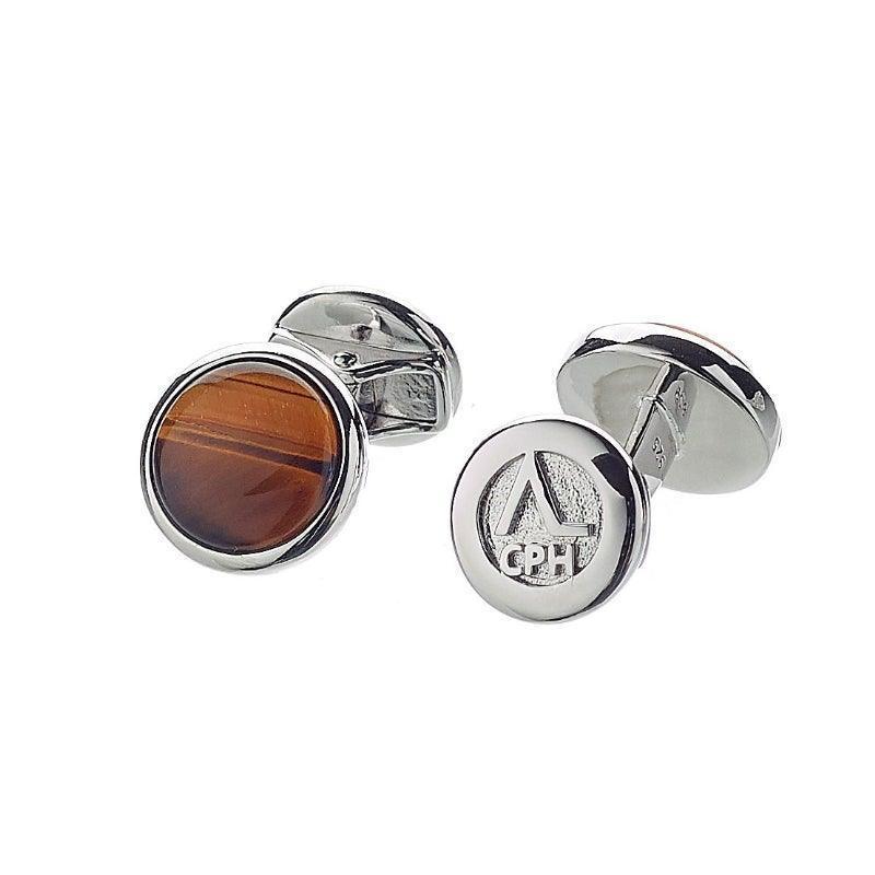 Alexander Lynggaard Hope Cufflinks Tiger Eye in silver with round brown stone and engraved back. Model H31203-1