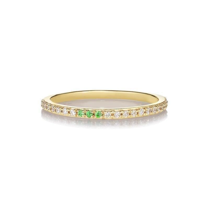 anpe atelier sarah lil green tsavorites and diamond 14kt gold ring with green and clear stones on the front, Model 2462-004-1
