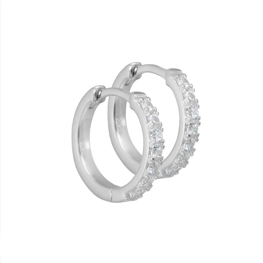 Aqua Dulce Darling silver earrings 15 mm, round hoops with clear stones, glossy finish. Model 2290-2290-1