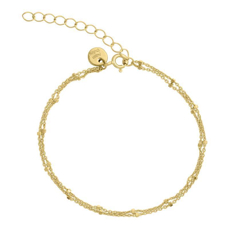 Aqua Dulce Dee Dee Dot Bracelet silver-plated shown in close-up, elegant double chain in golden color. Model 2253-2253-1