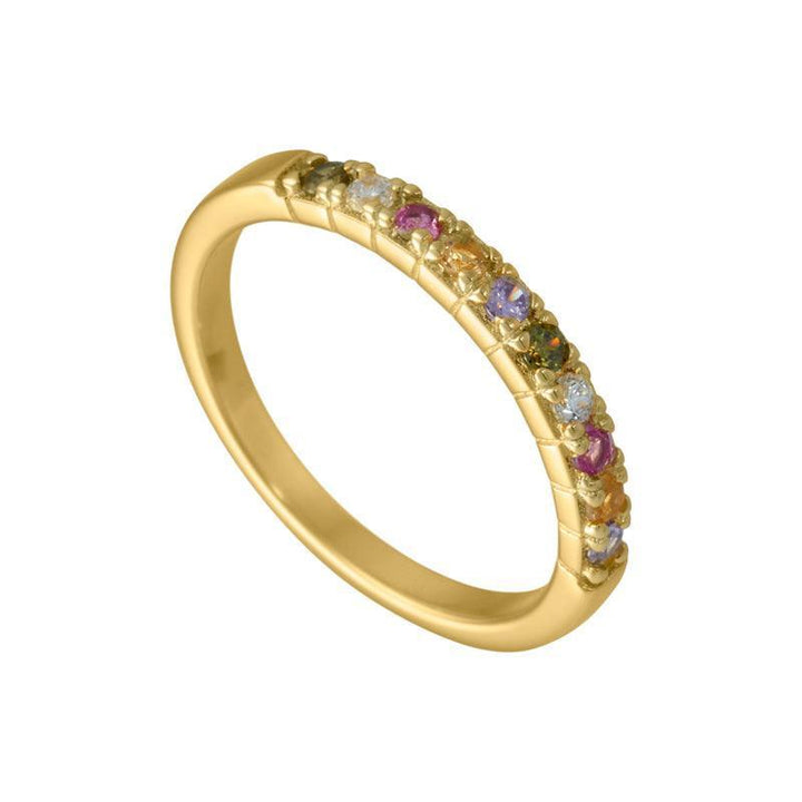 Aqua Dulce Ella Ring in gold-plated silver with multicolored stones, elegant design on a white background. Model 3857-002-1