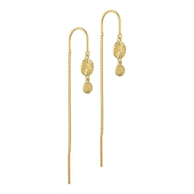 Aqua Dulce Line thread earrings silver-plated shows a set of elegant, golden thread earrings with two sun-shaped pendants. Model 4212-4212-1