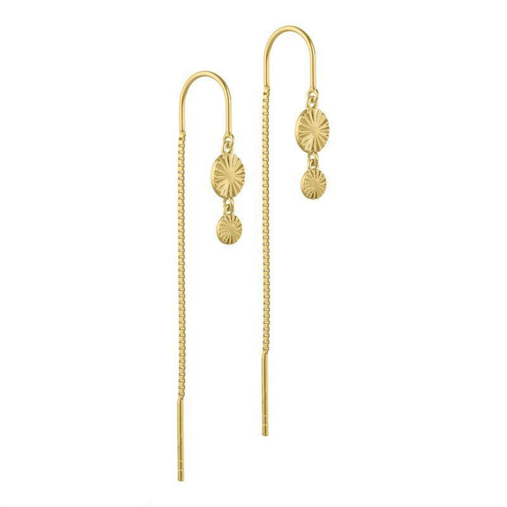 Aqua Dulce Line thread earrings silver-plated shows a set of elegant, golden thread earrings with two sun-shaped pendants. Model 4212-4212-1