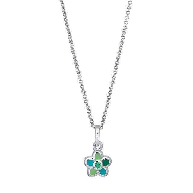 children's-necklace-flowers-pendants-mix shows a silver necklace with colorful flower pendants in blue and green. Model 216327-1