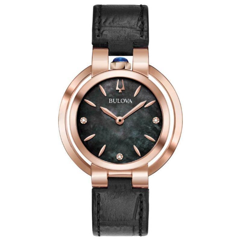 Bulova Rubaiyat women's watch with black mother-of-pearl dial, rose gold-coloured case and black leather strap. Model 97P139-97P139-1.