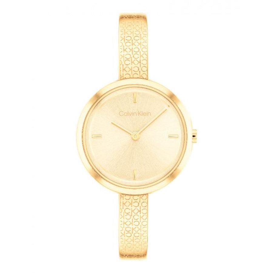 Calvin Klein Beam Women's Watch, elegant golden women's watch with patterned strap and minimalist dial. Model 25200182