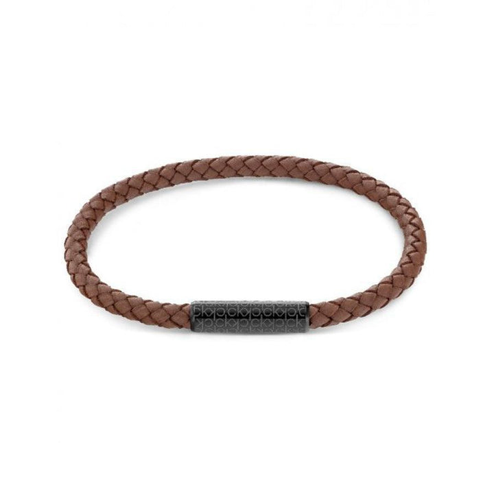 Calvin Klein Braided Bracelet 19.5cm shown as braided brown leather bracelet with black closure, Model 35000103