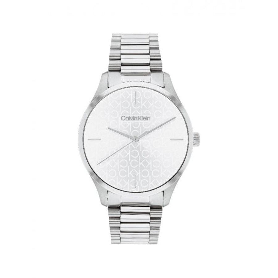 Calvin Klein Iconic women's watch with silver-coloured case and chain, patterned white dial. Model 25200168-25200168-1