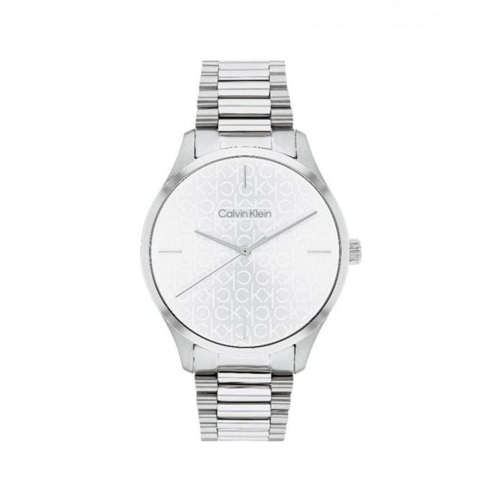 Calvin Klein Iconic women's watch with silver-coloured case and chain, patterned white dial. Model 25200168-25200168-1