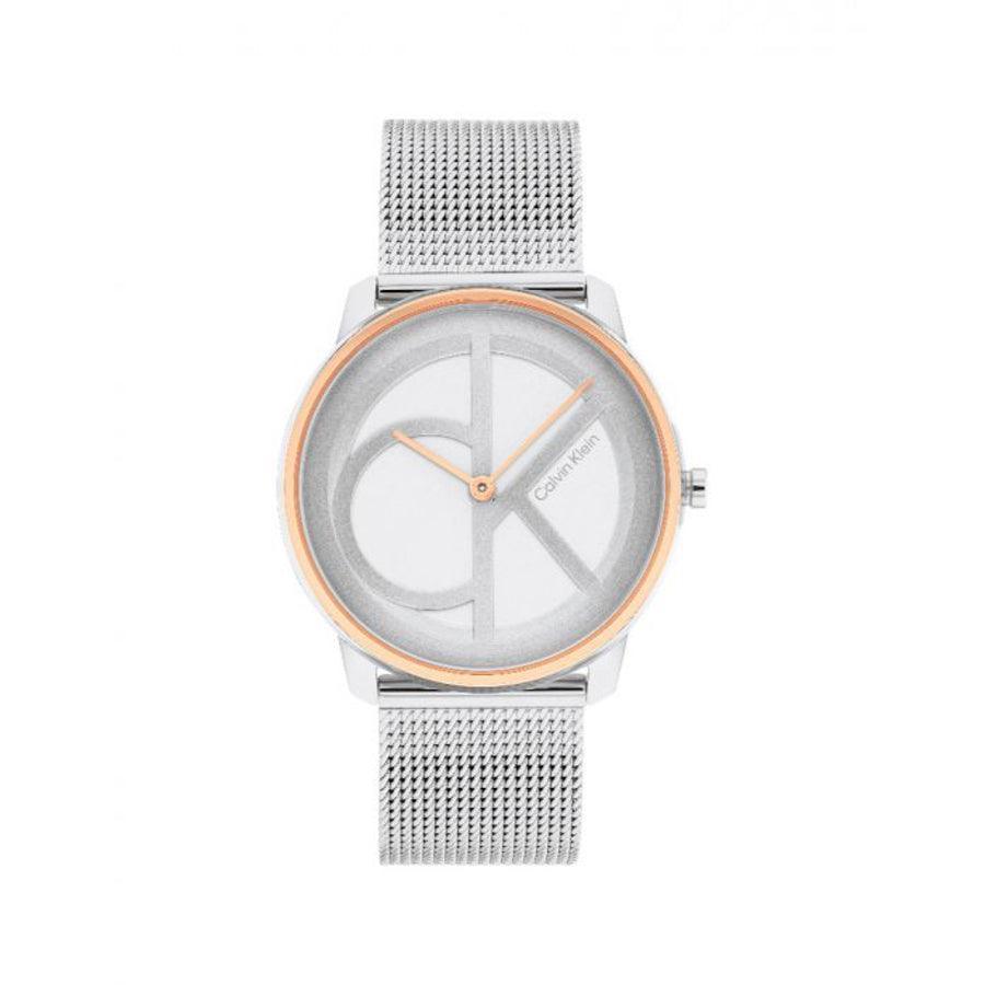 Calvin Klein Iconic Mesh Women's watch, round dial with silver mesh strap and golden edge. Model 25200033