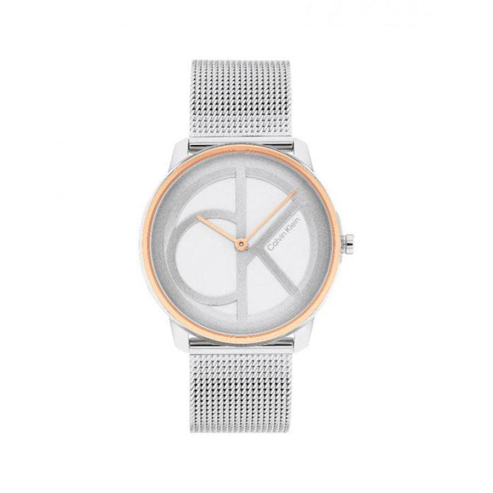 Calvin Klein Iconic Mesh Women's watch, round dial with silver mesh strap and golden edge. Model 25200033
