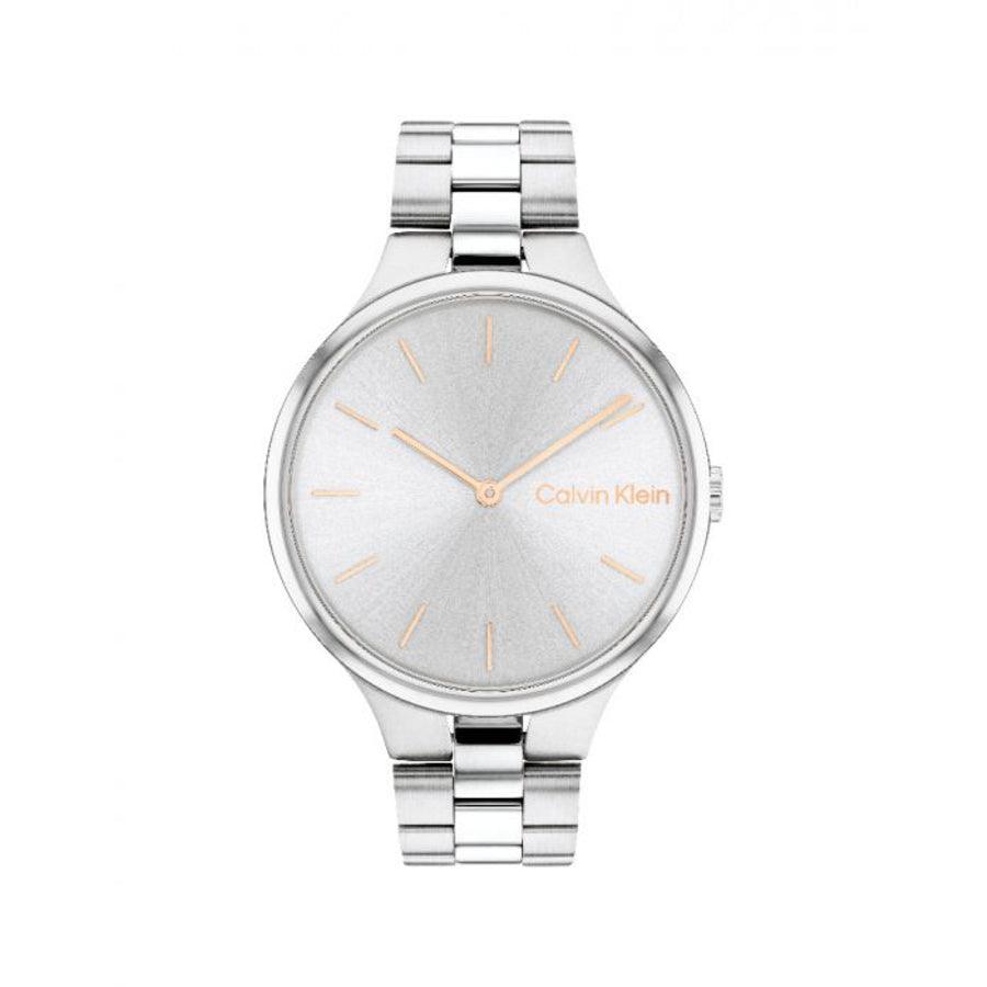 Calvin Klein Linked Women's Watch showcases a silver dial and steel chain in an elegant, minimalist style. Model 25200128-25200128.