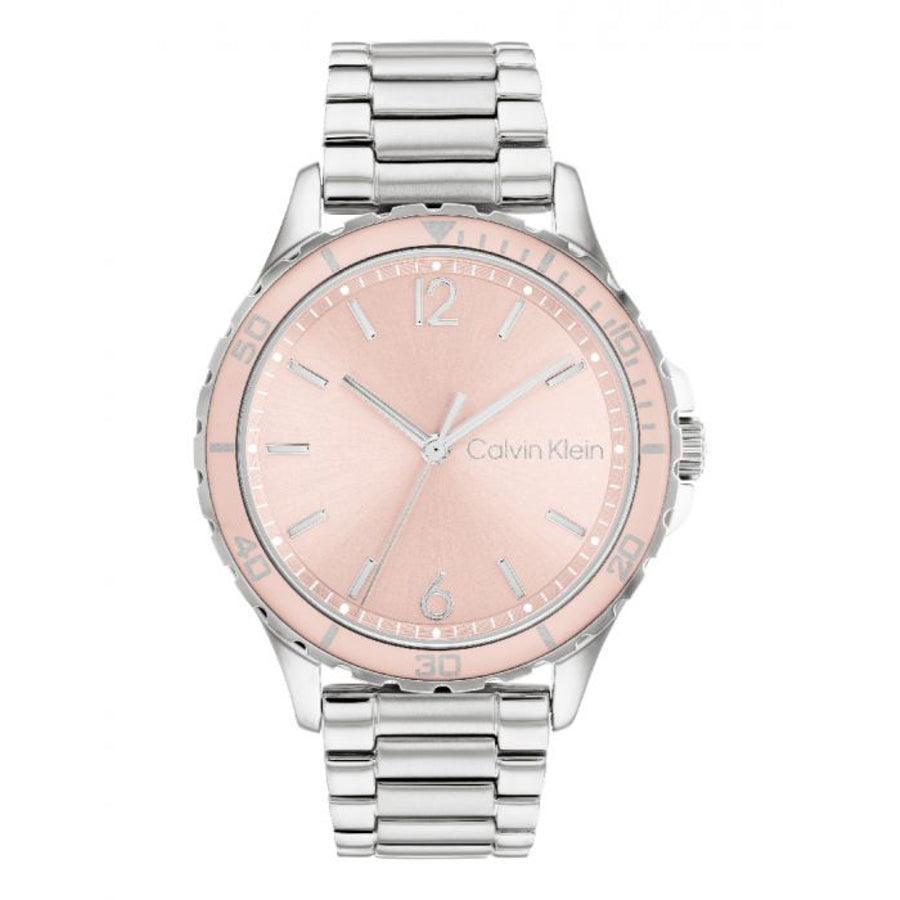 Calvin Klein Lively Women's watch with round rose gold dial and silver metal strap shown from the front. Model 25200096.