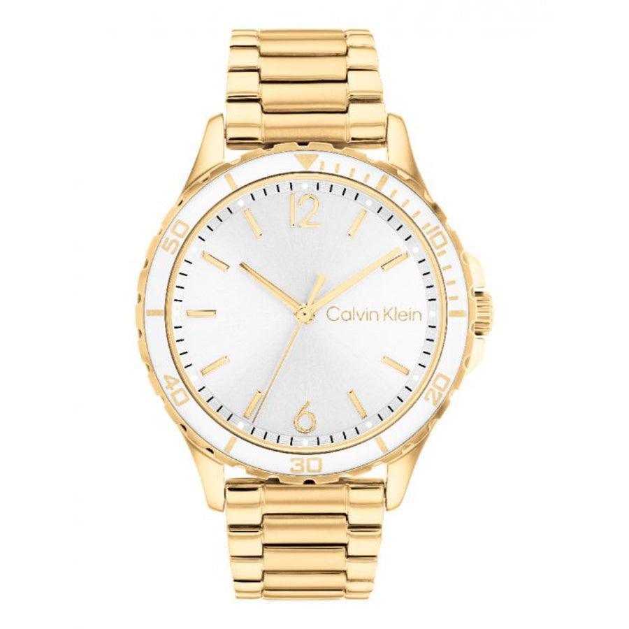 Calvin Klein Lively women's watch with gold-colored chain and white dial, Model 25200099.