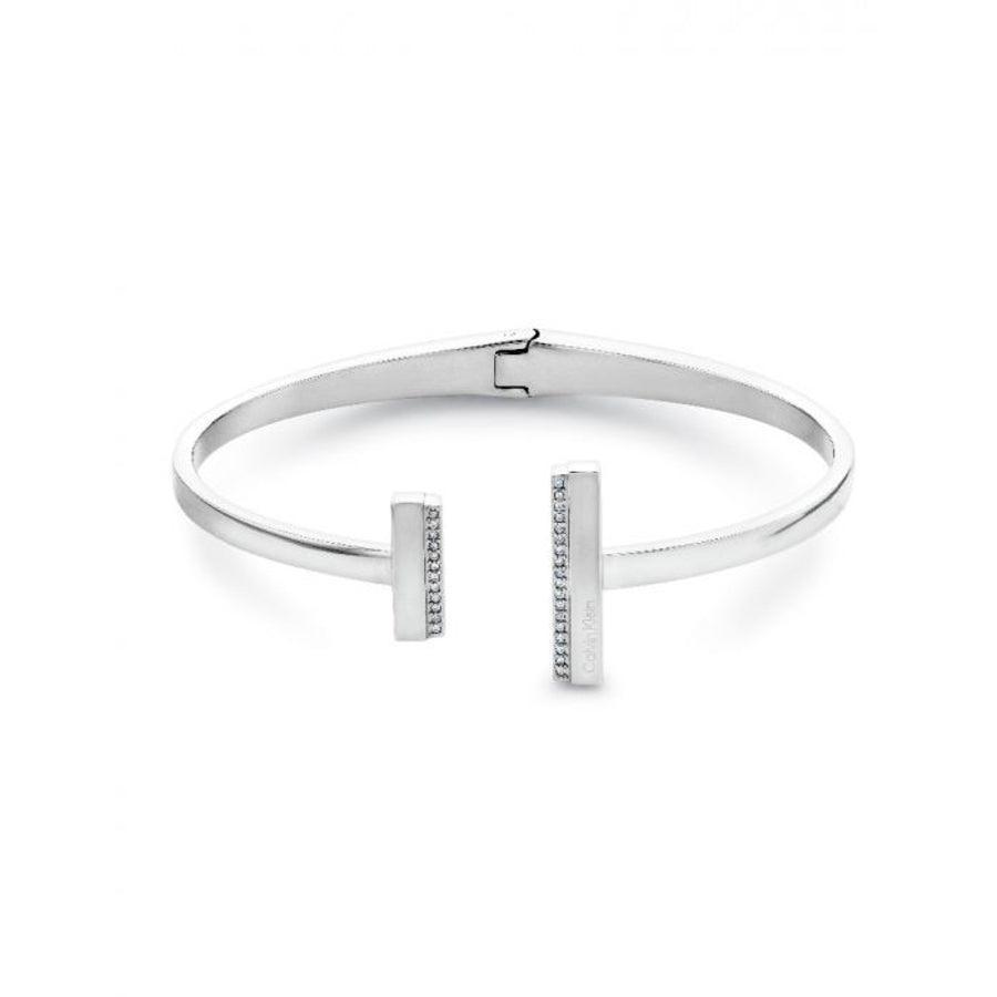 Calvin Klein Minimal Linear Bangle bangle in polished steel with rectangular ends and discreet stones. Model 35000160