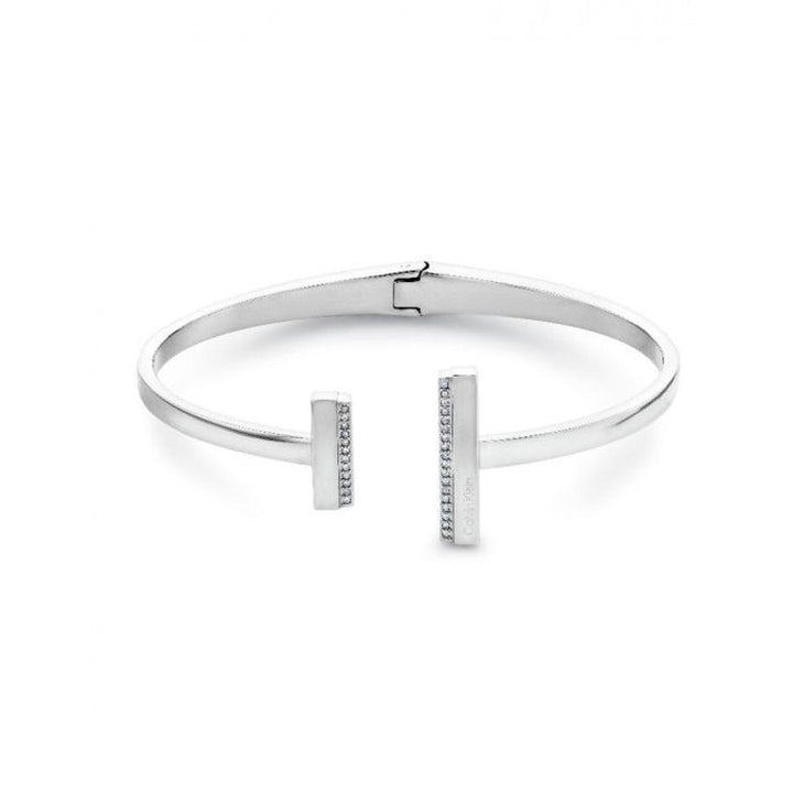 Calvin Klein Minimal Linear Bangle bangle in polished steel with rectangular ends and discreet stones. Model 35000160