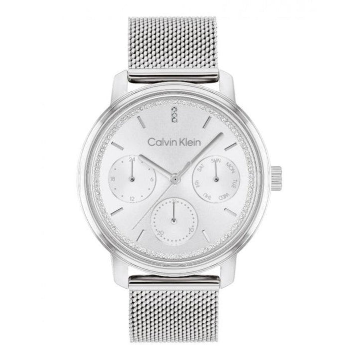 Calvin Klein Shimmer Women's watch with silver mesh strap and sparkling dial, Model 25200180-25200180-1.