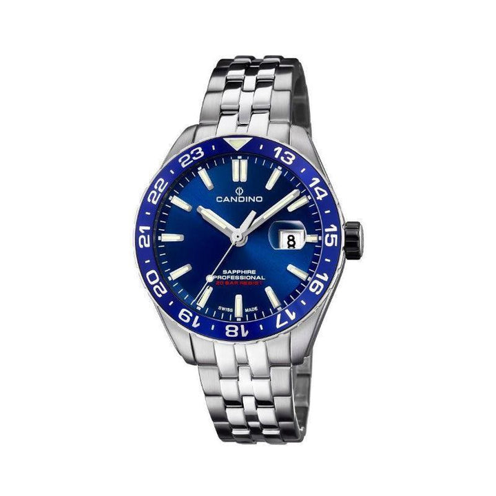 Candino Diver Men's watch C4717/2 with blue dial and steel chain, front view. Model C4717/2.