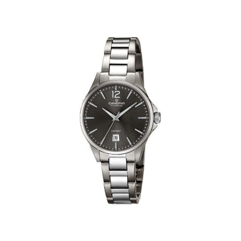 Candino Lady's Titanium C4608/3 shows an elegant ladies watch in silver titanium with a black dial. Model C4608/3-1.