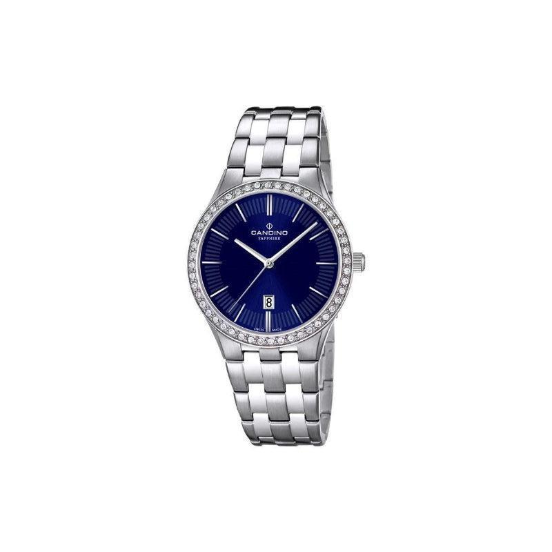 Candino Petite Ladies Watch C45442 with blue dial, silver chain and sparkling stone edge. Model C45442.