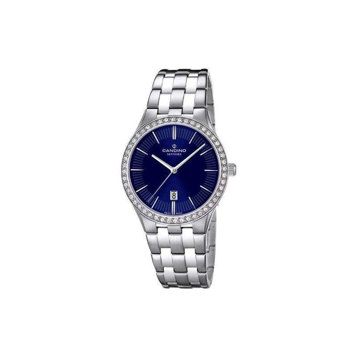 Candino Petite Ladies Watch C45442 with blue dial, silver chain and sparkling stone edge. Model C45442.