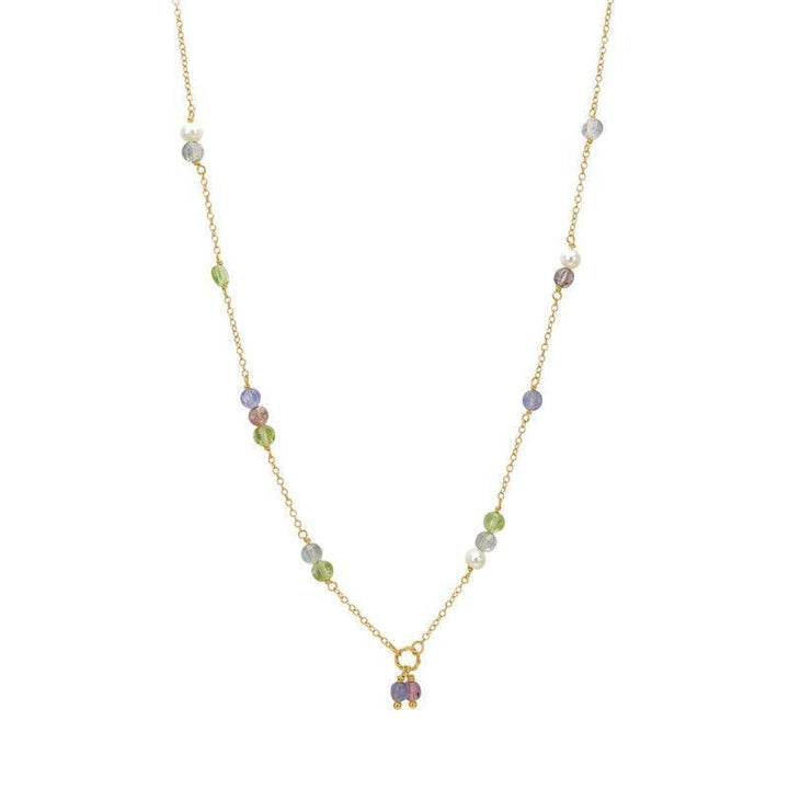 carre-necklace-with-pastel-colored-gemstones shows a fine gold chain with small pastel-colored gemstones, Model FC4364LBBIPSTZPE