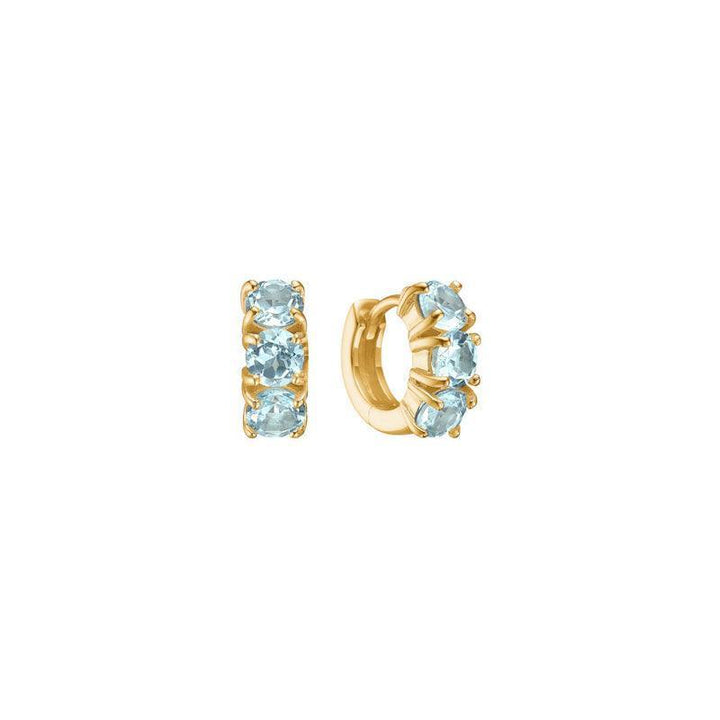 Carre Hoop With Bla Topas shows two gold colored hoops with light blue topaz, Model FH4373BT-FH4373BT-1.