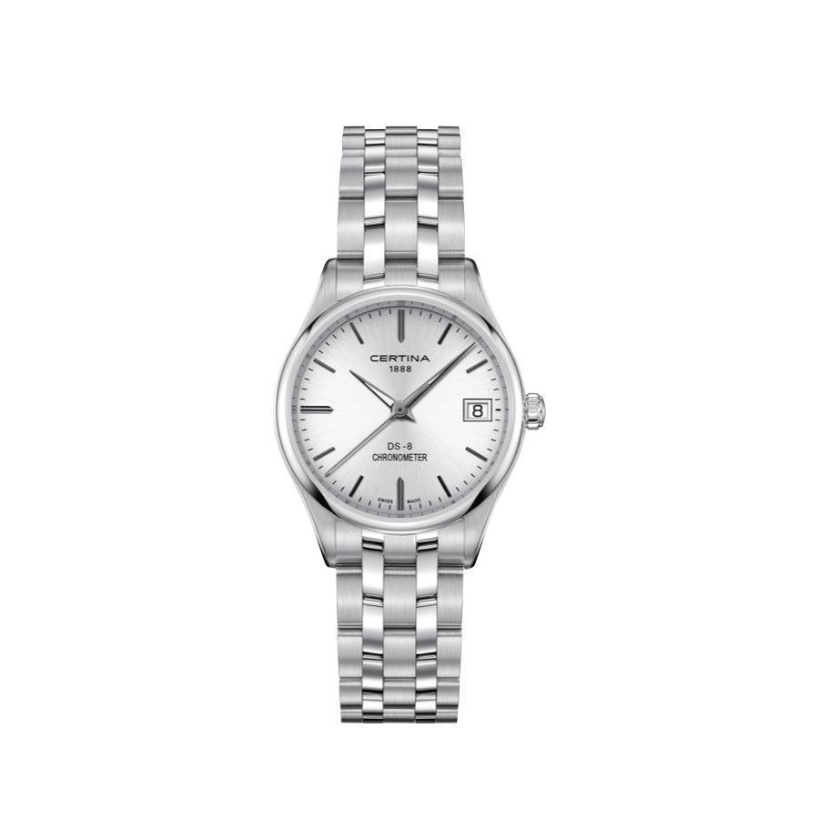 Certina DS-8 ladies watch steel chain with silver dial, elegant look and date display. Model C0332511103100