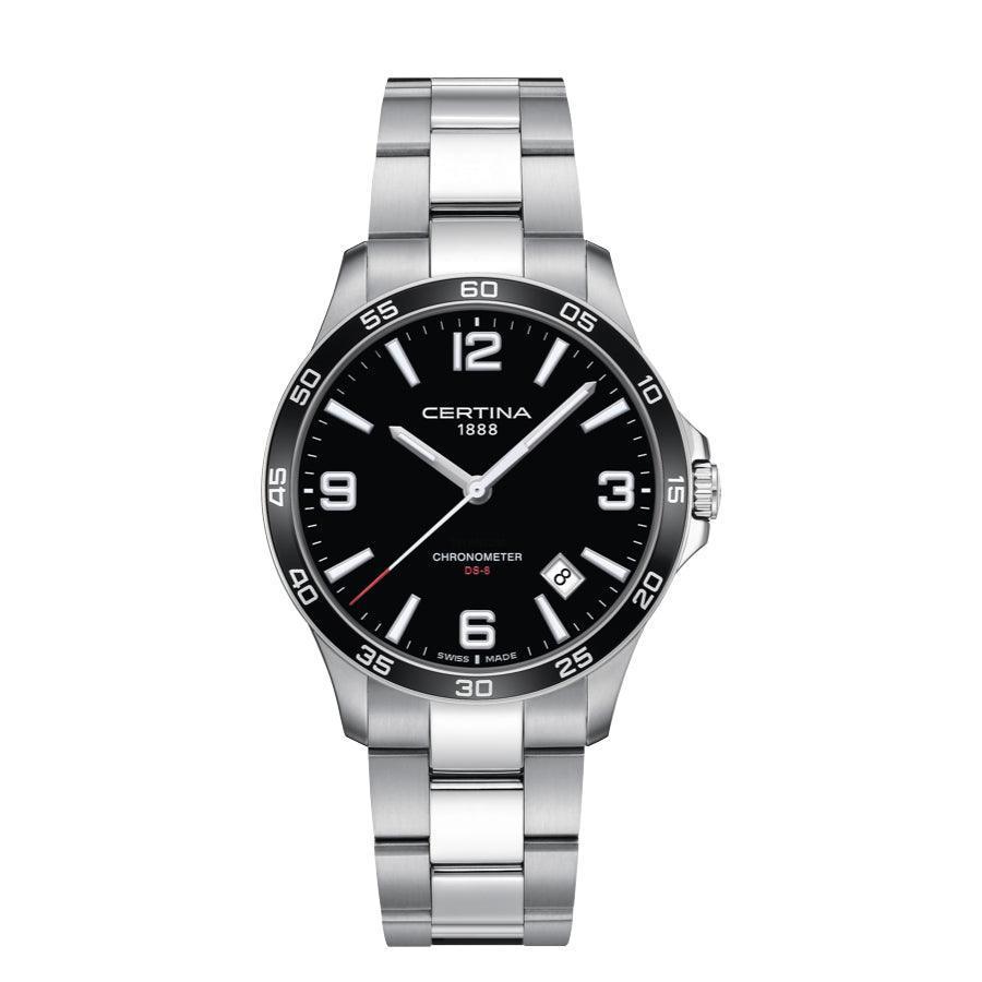 Certina DS-8 Men's watch black dial with steel chain, classic design and date, Model C0338511105700.