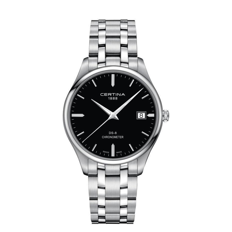 Certina DS-8 men's watch steel chain with black dial, elegant silver watch with date. Model C0334511105100.