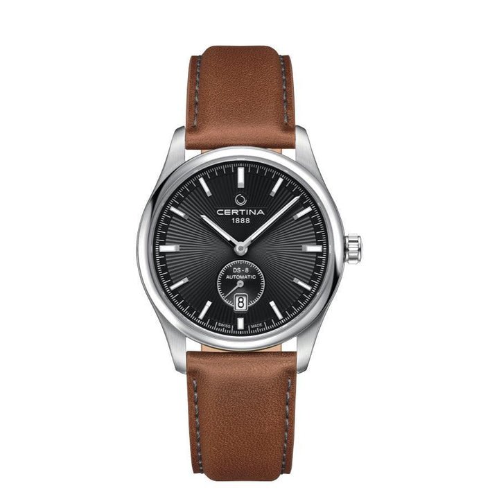 Certina DS-8 black dial with leather strap shown from the front, brown strap and steel case. Model C0334281605100.
